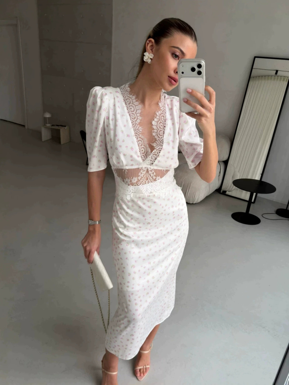 Forever 21 Lace Puff Sleeve Dress Summer High Waist V-Neck A-Line Midi
